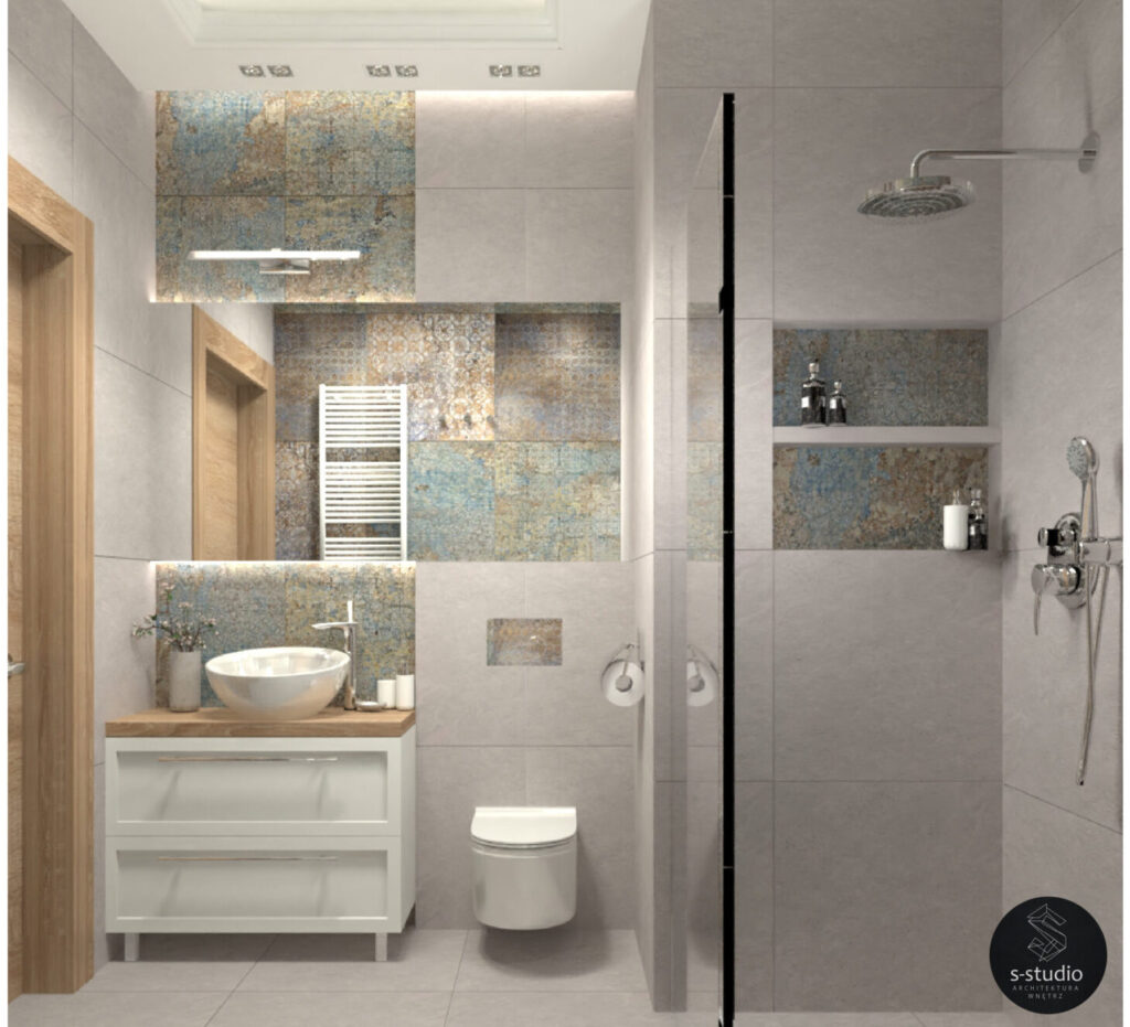 projekt małej łazienki w odcieniach szarości