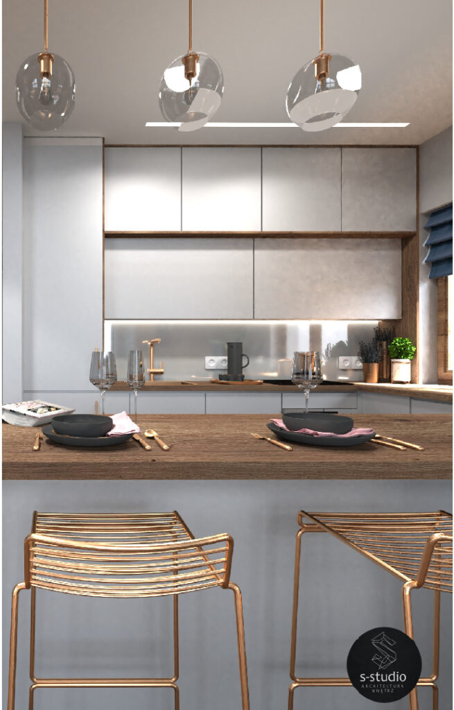 projekt kuchni w kolorach drewna i bieli z wyspą