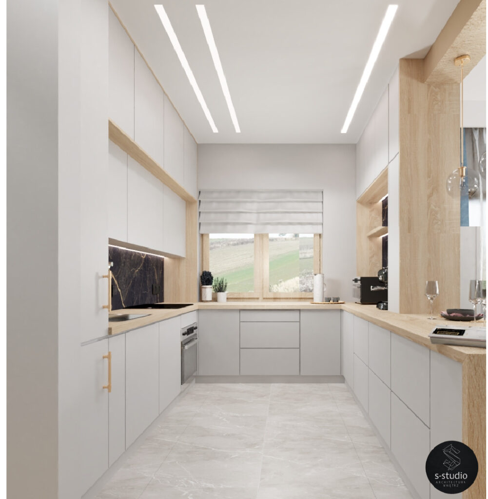 projekt kuchni w kolorach drewna i bieli