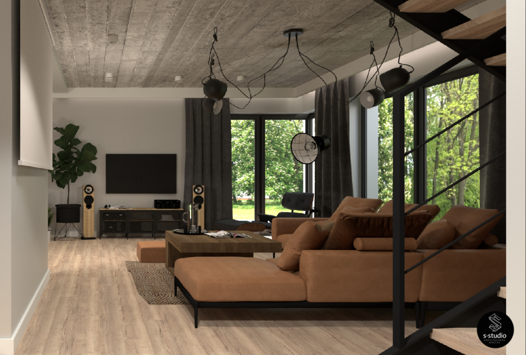 salon w stylu nowoczesnej stodoły