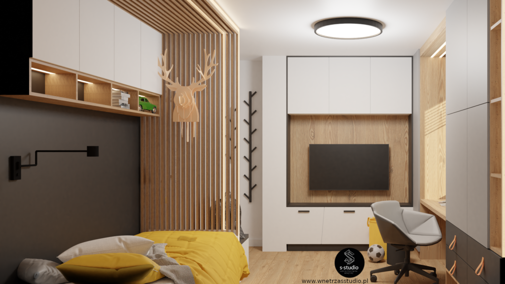 Projekt chłopięcego pokoju z elementami żółtego i szarego koloru, pokój młodzieżowy