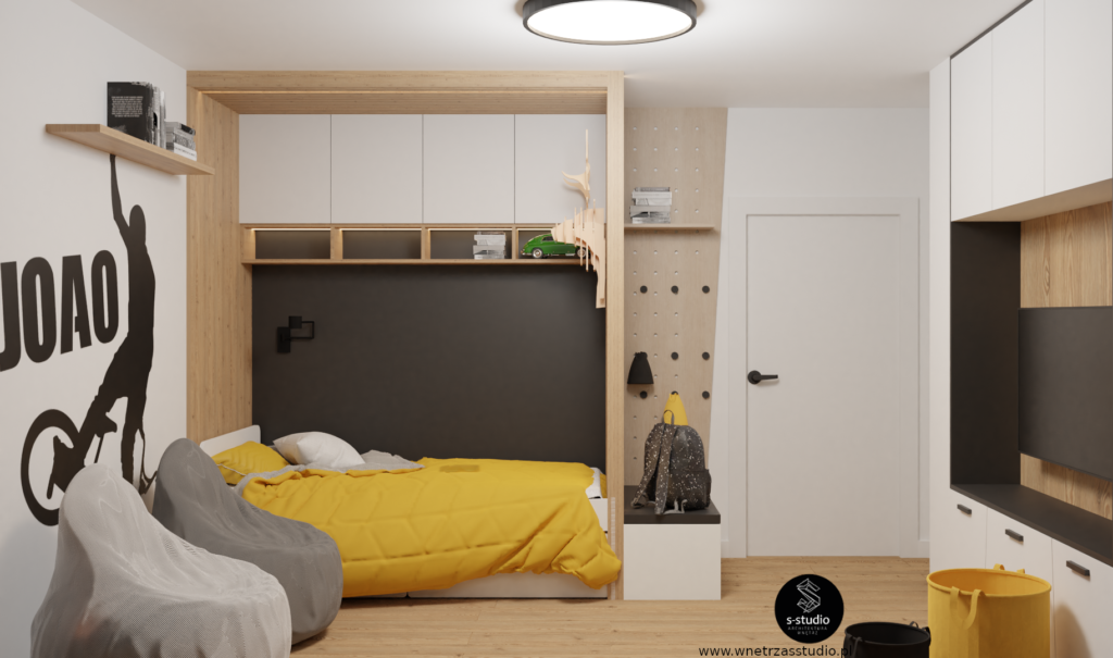 Projekt młodzieżowego pokoju z elementami żółtego i szarego koloru